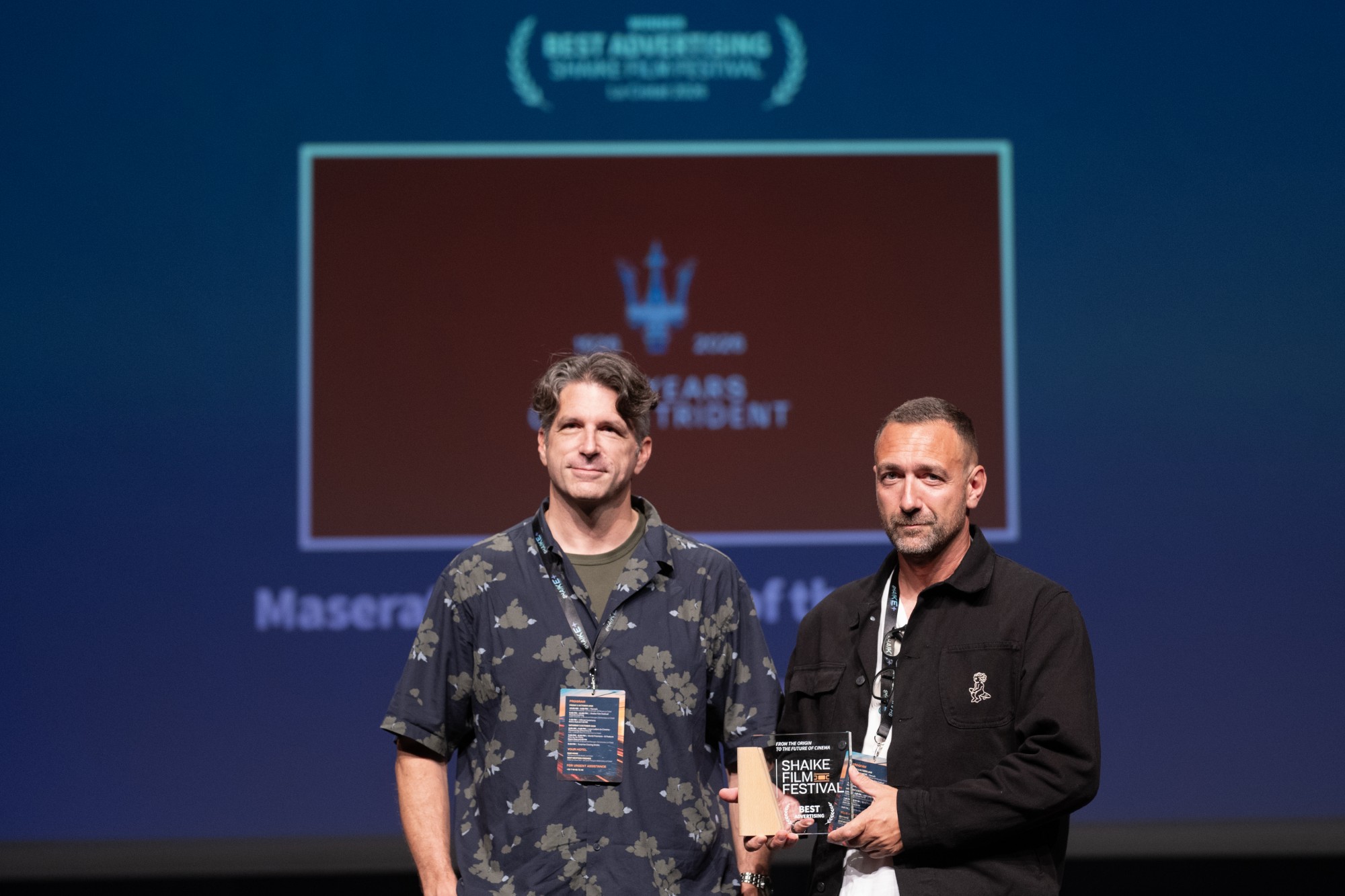 Bruno Detante and Stéphane Benini with the Best Advertising award of the Shaike Film Festival 2026 in La Ciotat, for Maserati – 100 Years of the Trident